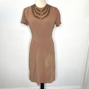 VINTAGE 1940s Klafter & Sobel Original Midi Beaded Brown Dress Vtg 40s